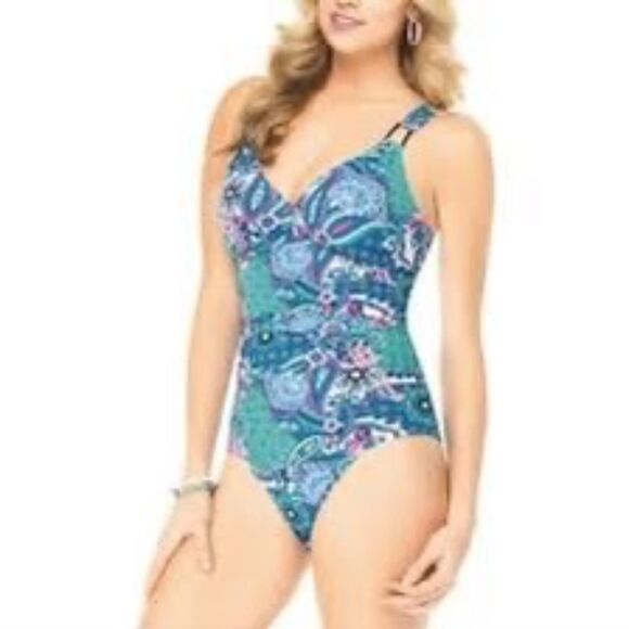 Spanx Love Your Assets Blue Paisley Swimsuit XL One Piece Slimming Power Suit - Picture 1 of 7